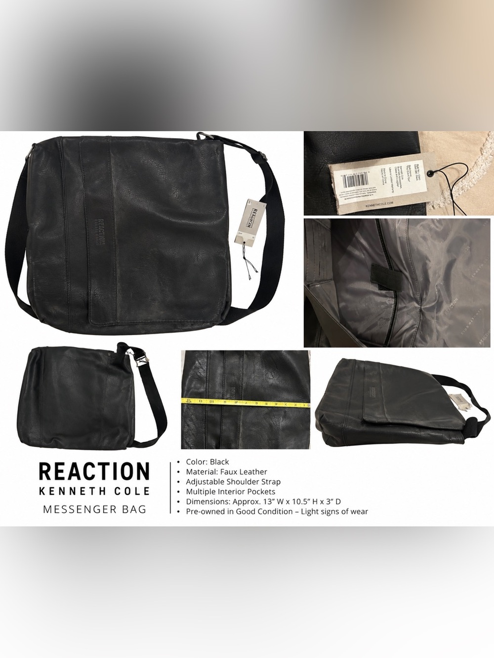 Kenneth Cole Black Faux Leather Messenger Crossbody